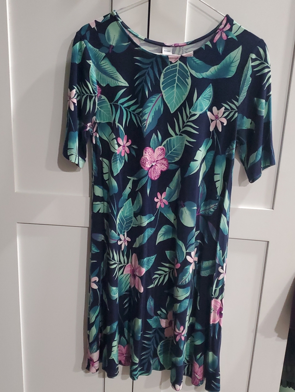 Old Navy Navy Tropical Floral Midi Dress with Green Leaves and Pink Flowers